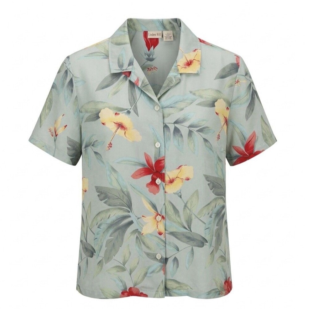 Linden Hill Womens Large 100% Silk Floral Button Down Blouse Lightweight Elegant